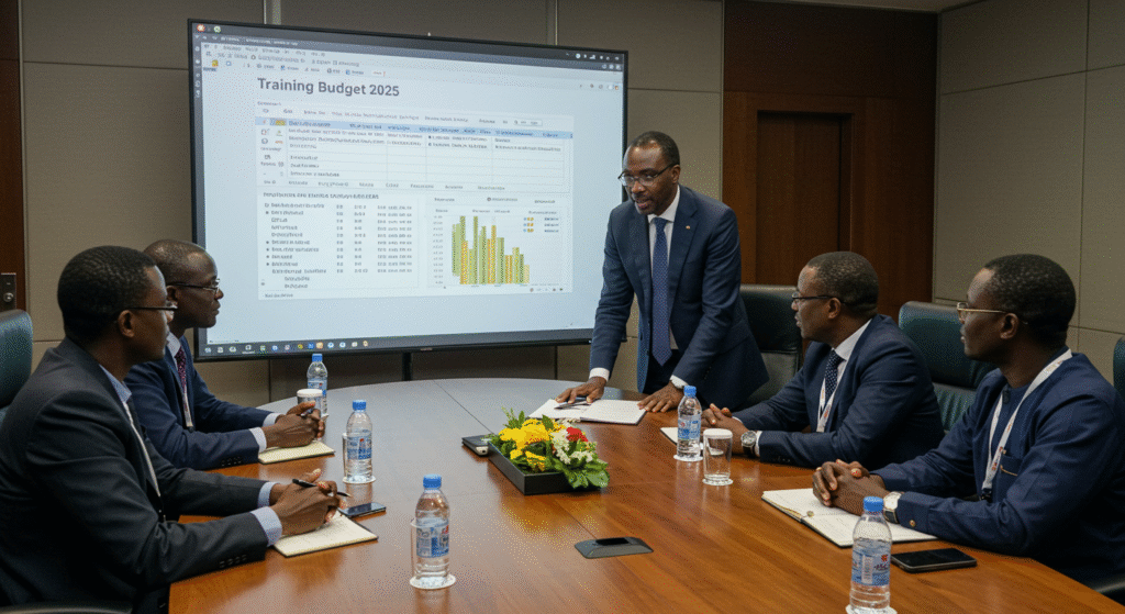 Table ronde avec des dirigeants africains analysant un tableau Excel projeté, mentionnant “Budget Formation 2025”.