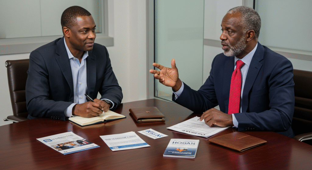 Discussion entre un formateur africain et une responsable d’entreprise, avec des brochures et logos de centres de formation reconnus sur la table.