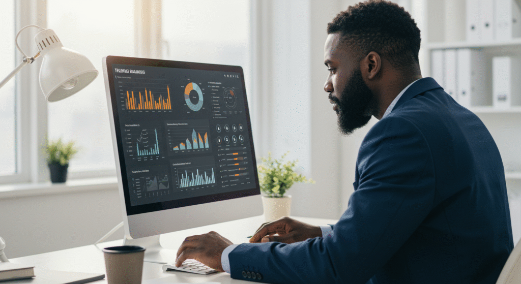 Écran d’ordinateur affichant des KPI liés à la formation, avec un manager africain concentré sur l’analyse des résultats.