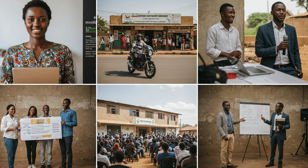 Photos de success stories dans plusieurs pays africains : des stagiaires devenus entrepreneurs, des PME en pleine croissance grâce à la formation.