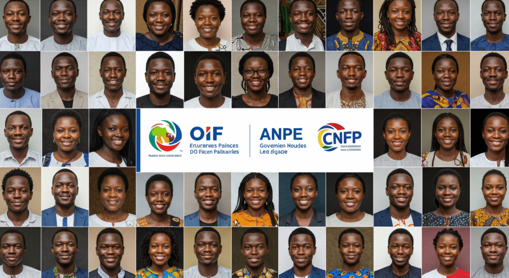 Mosaïque de portraits de formateurs, représentants gouvernementaux et chefs d’entreprise africains, avec les logos de structures connues (OIF, ANPE, CNFP, etc.).