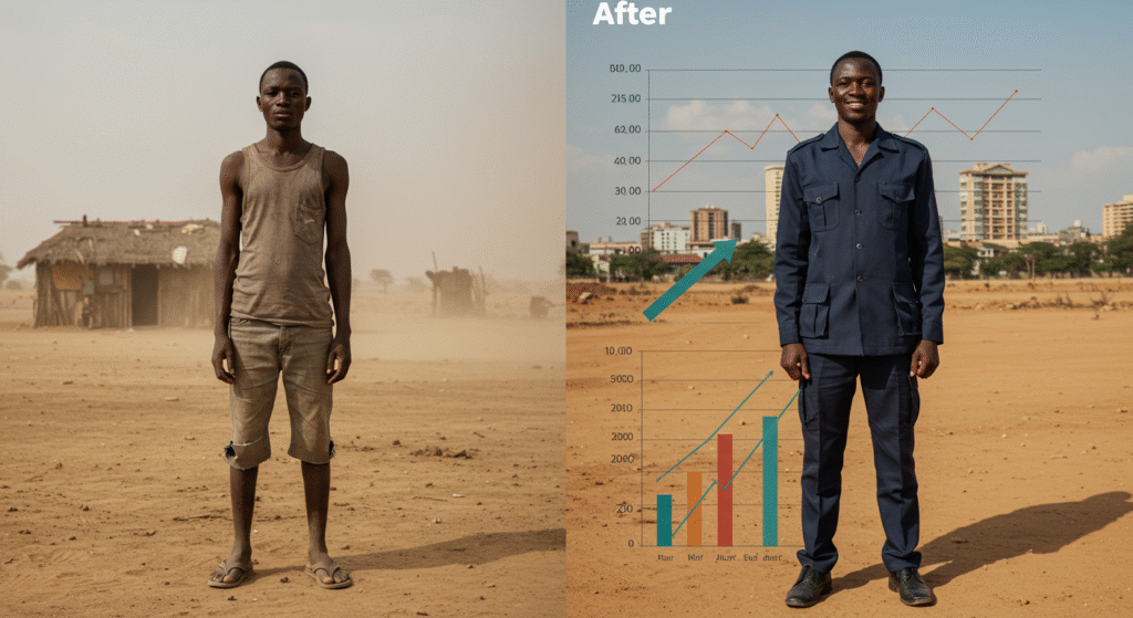 Avant/après : à gauche un ouvrier africain sans compétences, à droite le même en poste qualifié, sourire aux lèvres, avec graphique de progression.