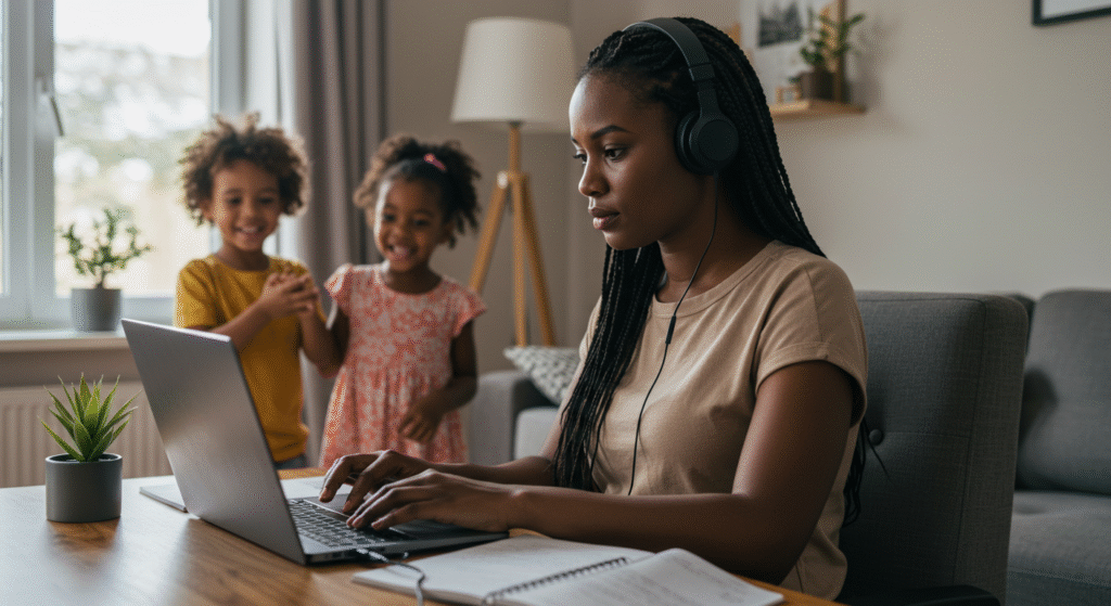 Femme africaine suivant une formation en ligne depuis chez elle, casque sur les oreilles, sur un ordinateur, avec des enfants qui jouent derrière elle.