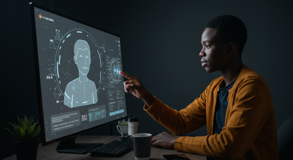 Interface d’un logiciel de formation IA sur un écran, un jeune africain interagissant avec un avatar virtuel ou assistant d’apprentissage intelligent.