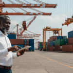 Logisticien africain supervisant le chargement de conteneurs dans un port moderne.