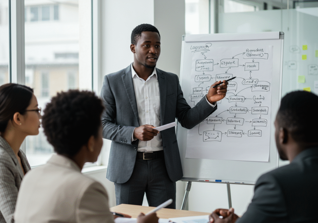 Professionnel africain expliquant les flux logistiques à une équipe devant un tableau blanc.