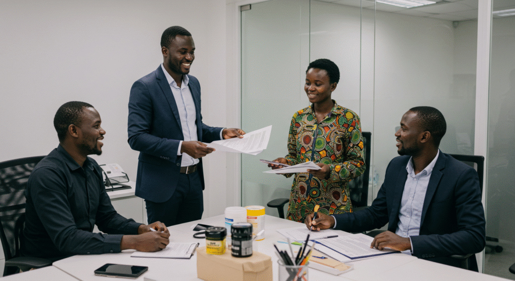 Logisticien africain en réunion avec des fournisseurs locaux dans un bureau.