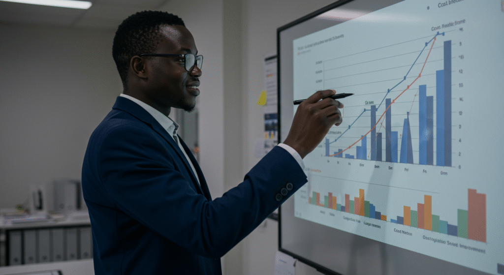 Logisticien africain analysant des graphiques de performance sur un tableau interactif.