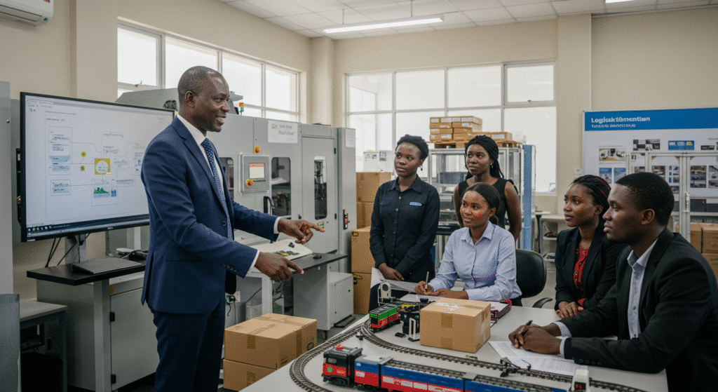 Logisticien africain formant une équipe de jeunes professionnels dans un centre de formation.