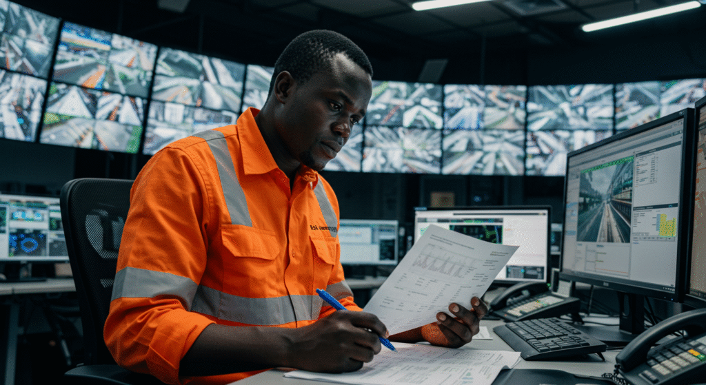 Logisticien africain gérant les risques logistiques dans un centre de supervision.