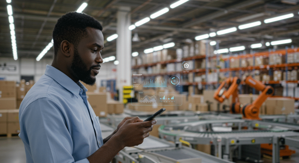 Logisticien africain utilisant une application digitale pour la gestion des stocks.