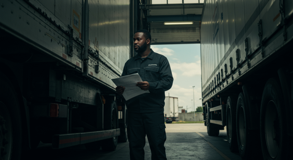 Logisticien africain contrôlant le départ d’un camion de transport.
