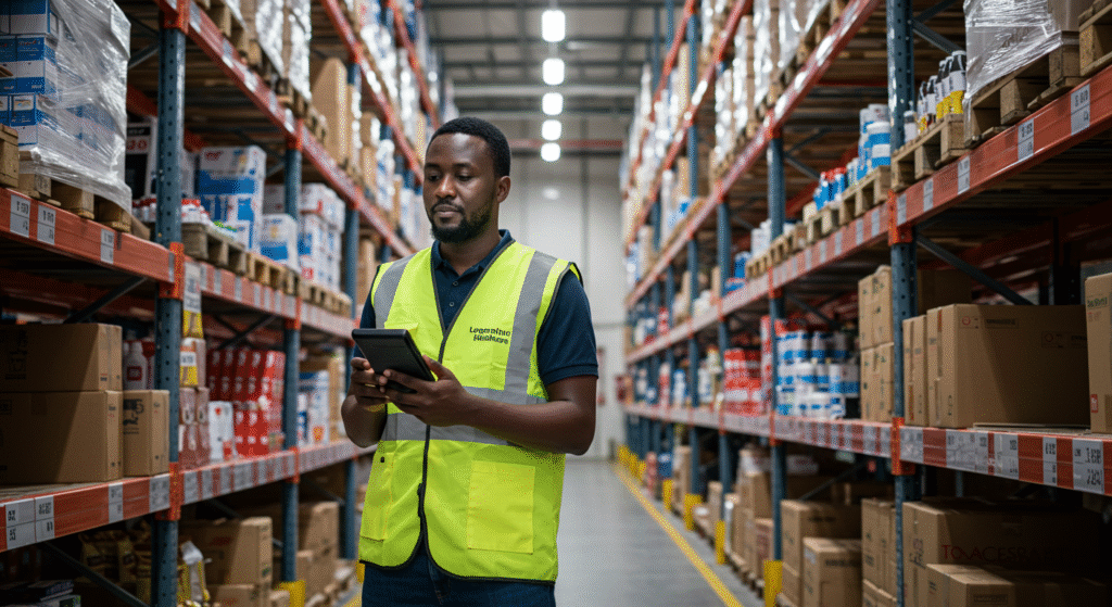 Logisticien africain vérifiant les stocks dans un entrepôt.