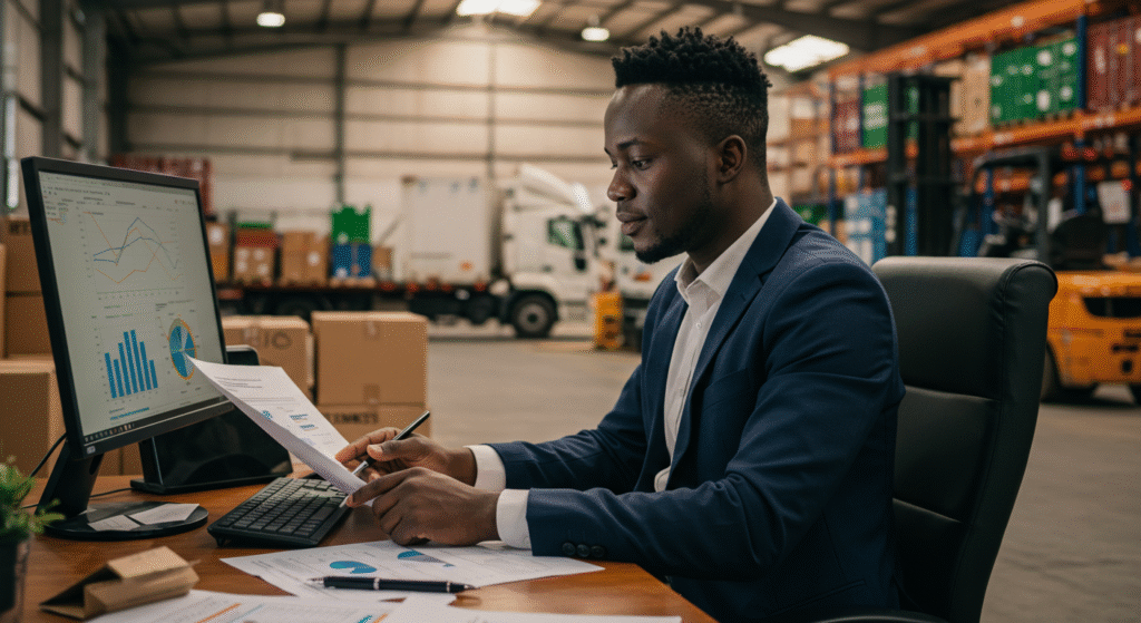 Dirigeant africain analysant les défis logistiques de son entreprise.