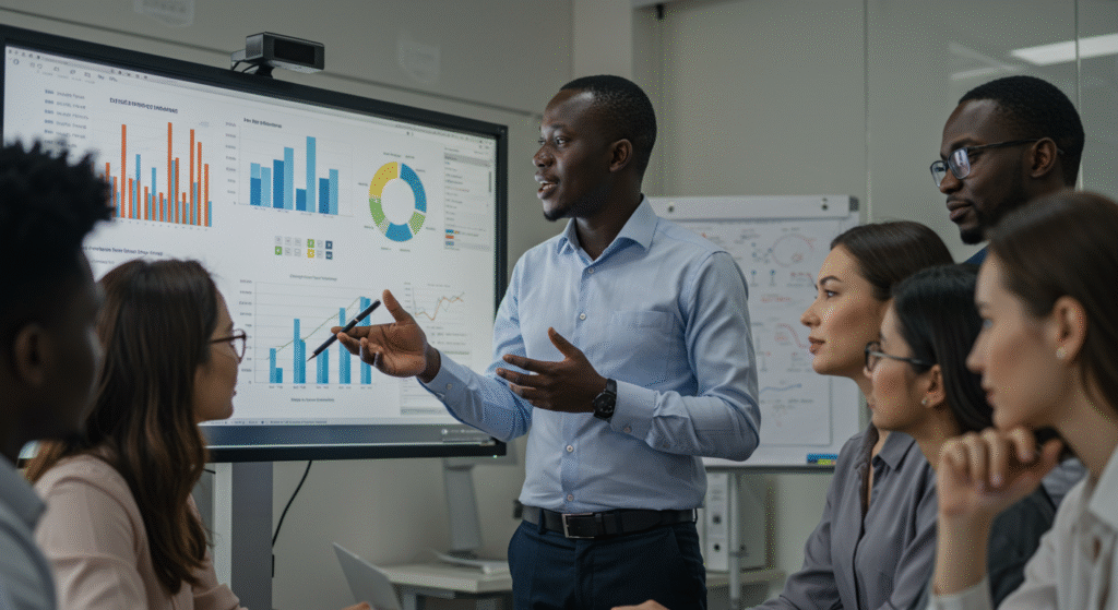 Manager logistique africain dirigeant une réunion stratégique axée sur la performance.