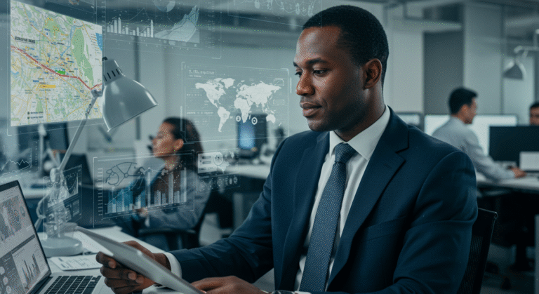 Professionnel africain démontrant les compétences essentielles en logistique.
