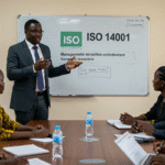 Consultant africain expliquant la norme ISO 14001 à des professionnels.