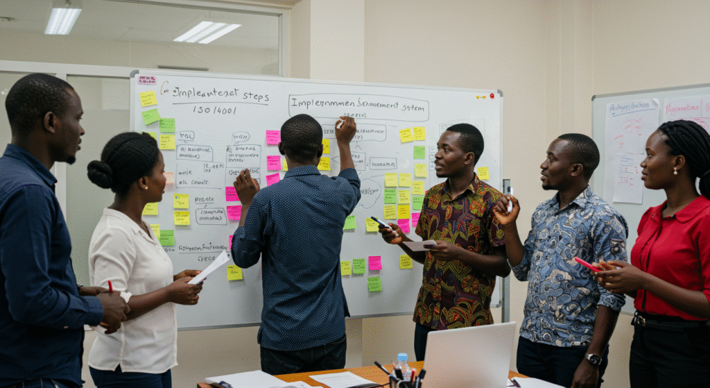 Équipe projet africaine préparant l’implémentation ISO 14001.