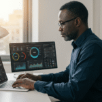 Manager africain utilisant des outils de suivi environnemental.