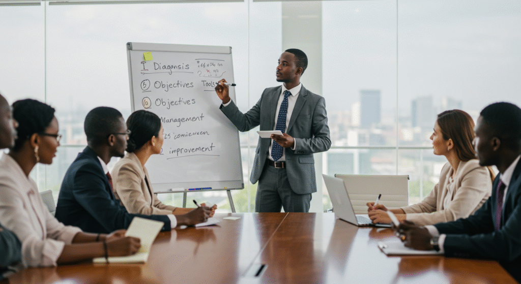 Manager africain définissant un plan stratégique logistique