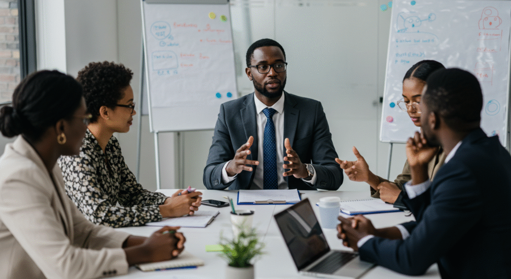 Manager africain échangeant avec son équipe dans un cercle participatif