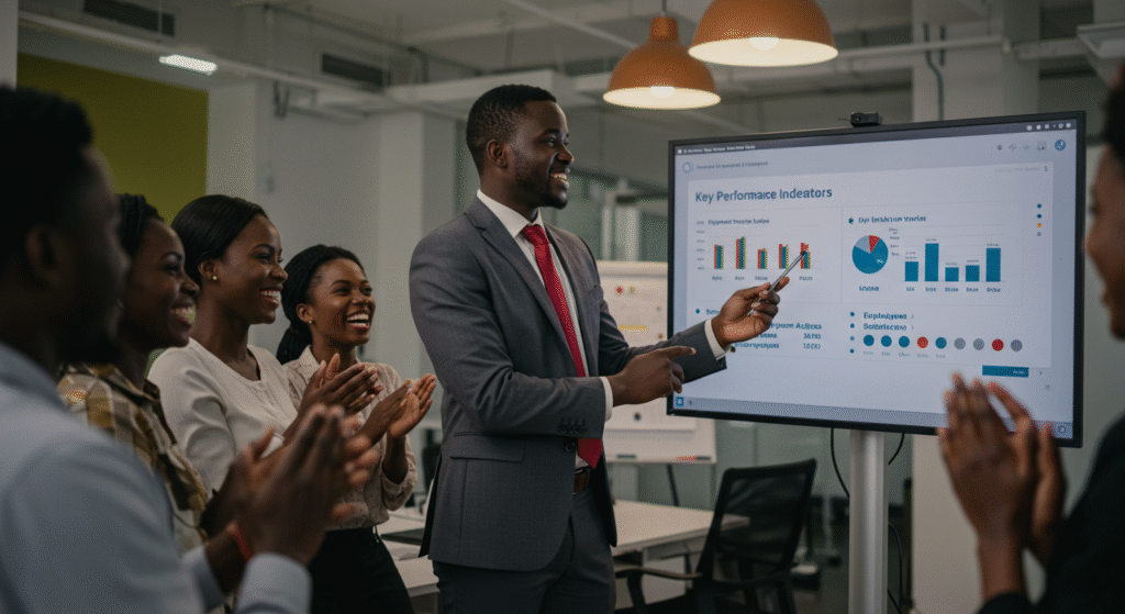 Manager africain présentant les résultats du management participatif