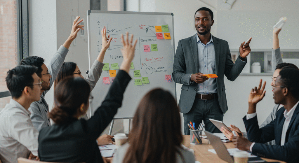 Manager africain expliquant les fondements du management participatif à son équipe