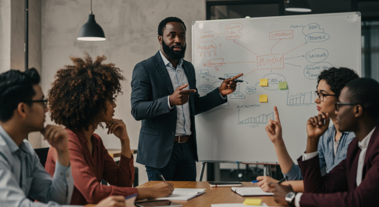 Réunion collaborative avec des professionnels africains appliquant le management participatif.
