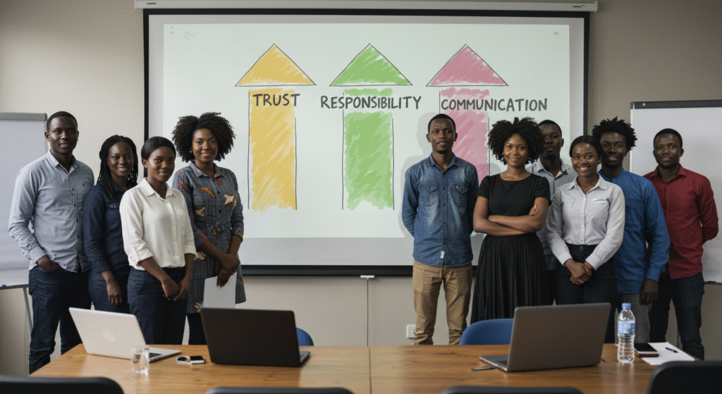 Représentation visuelle des piliers du management collaboratif en entreprise africaine.