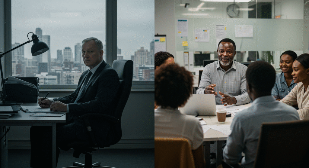 Comparaison visuelle entre deux styles de leadership avec des managers africains.