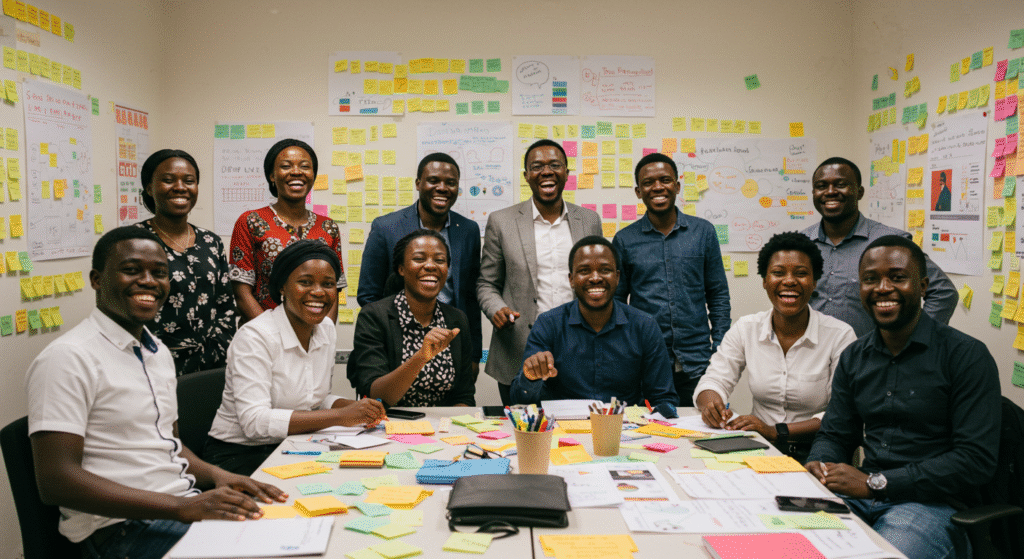 Collaborateurs africains engagés dans une réunion participative.