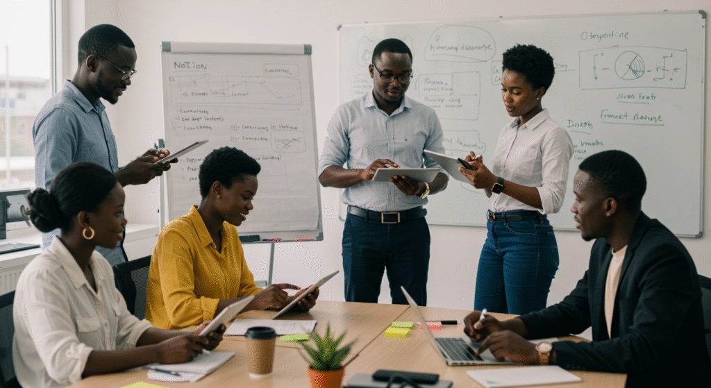 Équipe africaine utilisant des outils collaboratifs numériques.