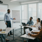 Un manager africain entouré de collaborateurs en formation dans une salle moderne