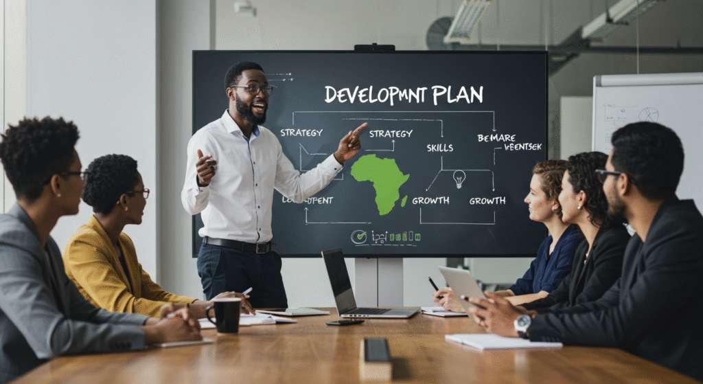 Un entrepreneur africain montrant un plan de développement à son équipe