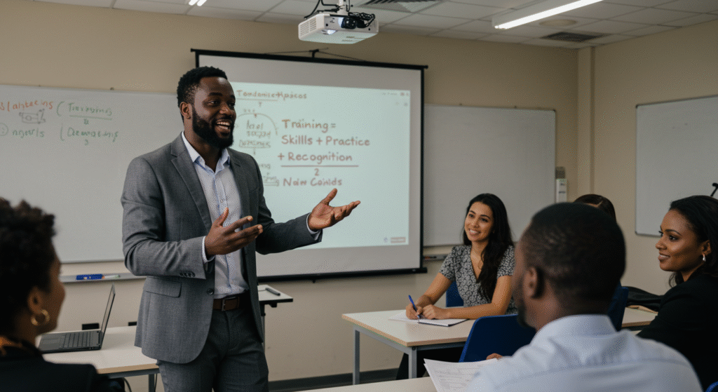 Un formateur africain expliquant un concept à des adultes en salle de classe