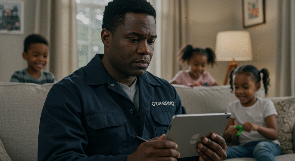 Adulte africain en blouse de travail suivant une formation en ligne via une tablette, avec ses enfants en arrière-plan