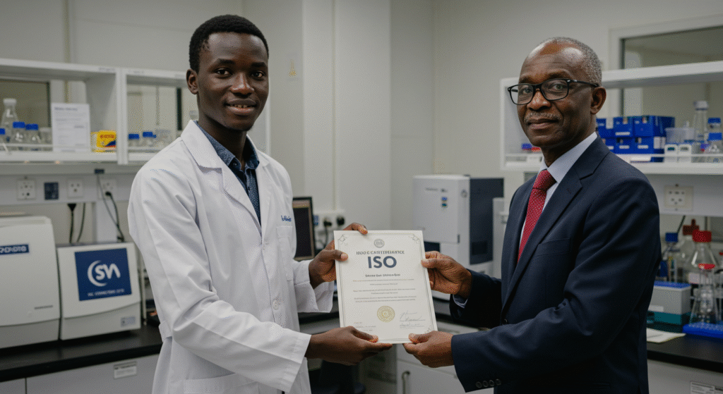 Professionnel africain dans un laboratoire ou atelier, recevant une attestation ou badge de certification ISO ou technique spécialisée.