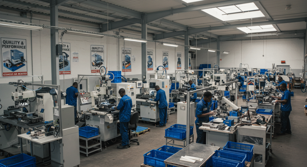 Travailleurs africains en usine moderne ou PME performante, travaillant avec précision et efficacité, affiches “Qualité & Performance” visibles en arrière-plan.