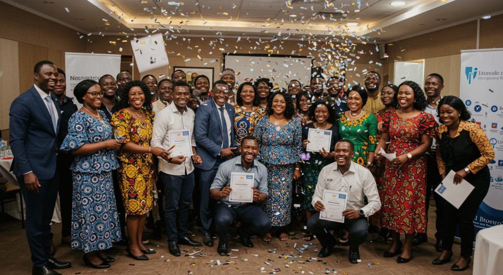 Employés africains heureux recevant des récompenses ou certificats internes de formation, ambiance festive et valorisante.