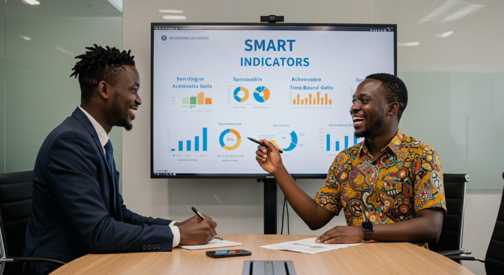 Une réunion entre un responsable RH africain et un formateur, avec des indicateurs SMART visibles sur un tableau digital.