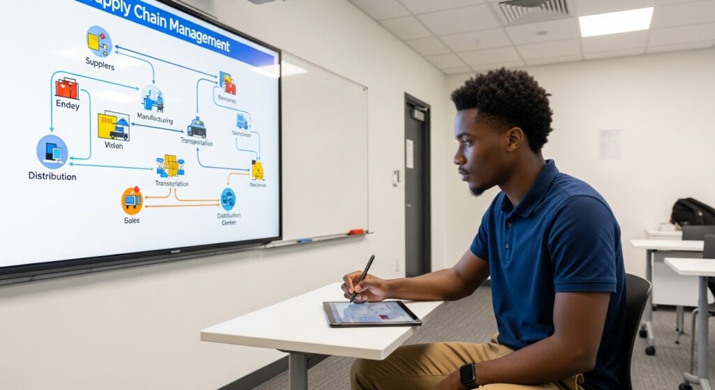 Étudiant africain en logistique suivant un cours dans une salle de classe moderne.