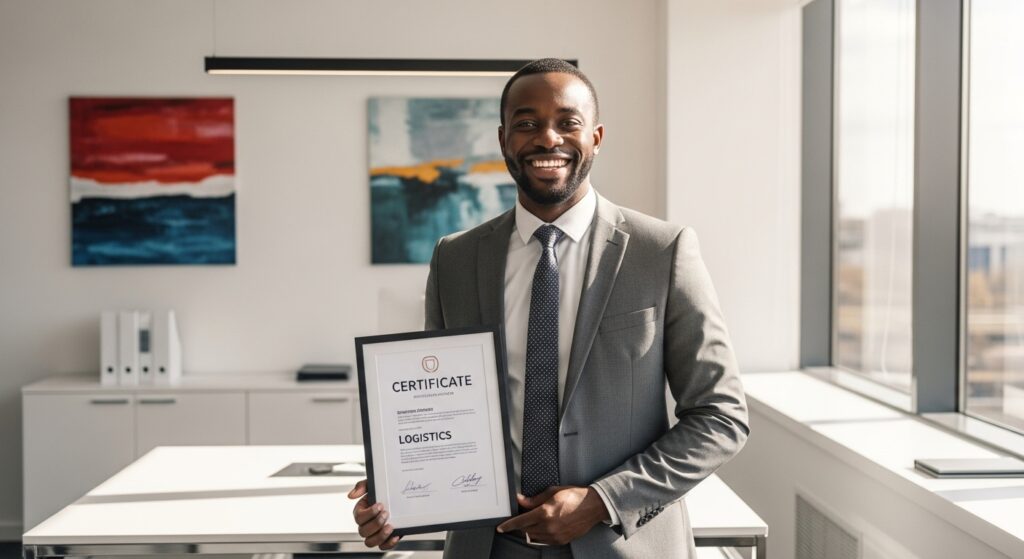 Logisticien africain tenant fièrement un certificat professionnel.