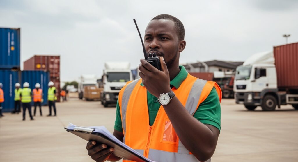 Logisticien africain gérant une situation d'urgence en communiquant via un talkie-walkie.