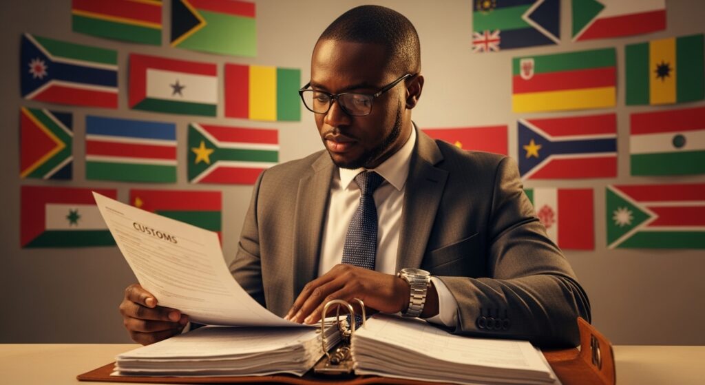 Logisticien africain consultant des documents réglementaires devant des drapeaux africains.